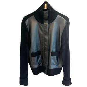Context Womens Black Leather Wool Knit Cardigan Jacket Sz L Black Y2K Minimalist
